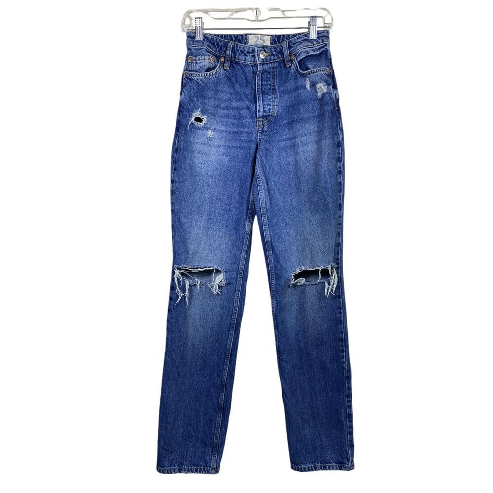 We The Free High Rise Jeans Sz 25‎ Distressed Straight Leg Button Fly Denim